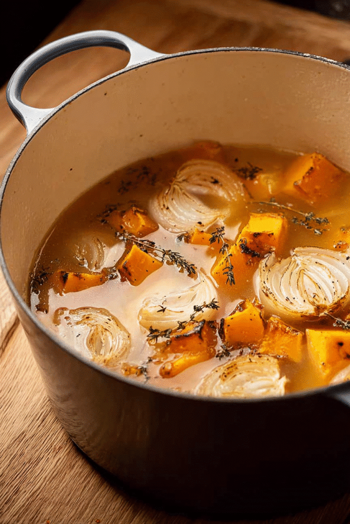 butternut squash soup simmering with onions in a dutch oven for halloween recipe