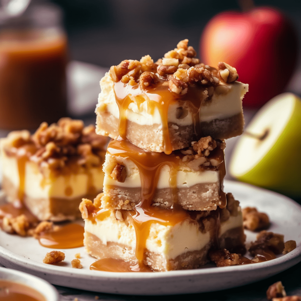 Stack of caramel apple cheesecake bars with crumb topping and caramel drizzle on a white plate