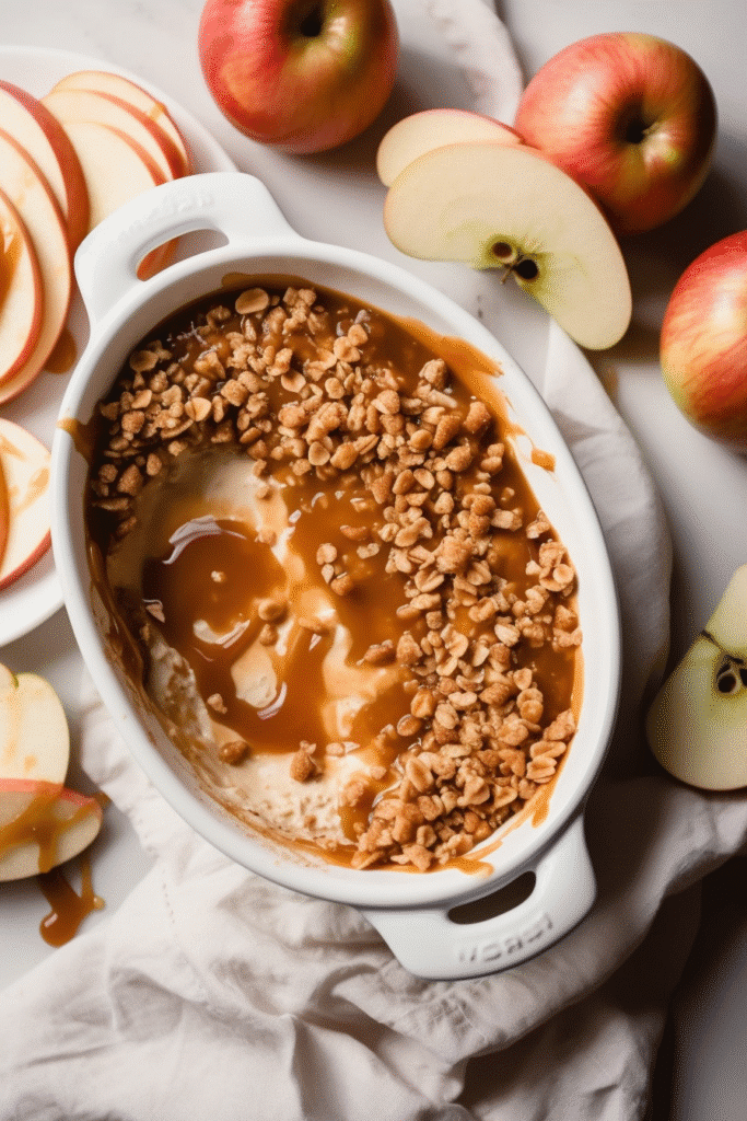 Cream cheese caramel apple dip topped with toffee bits and served with sliced apples