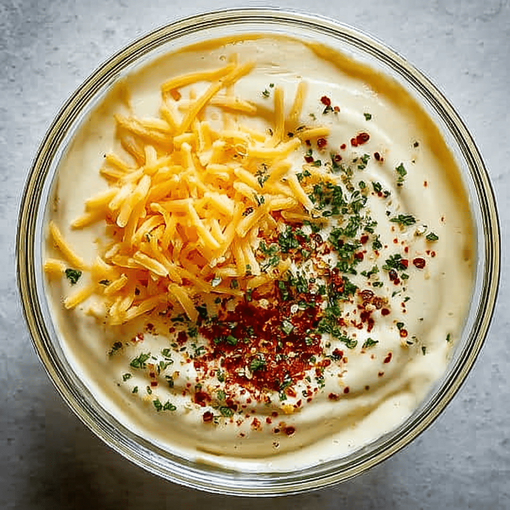Creamy cheese dip base with shredded cheddar and spices for corn dip