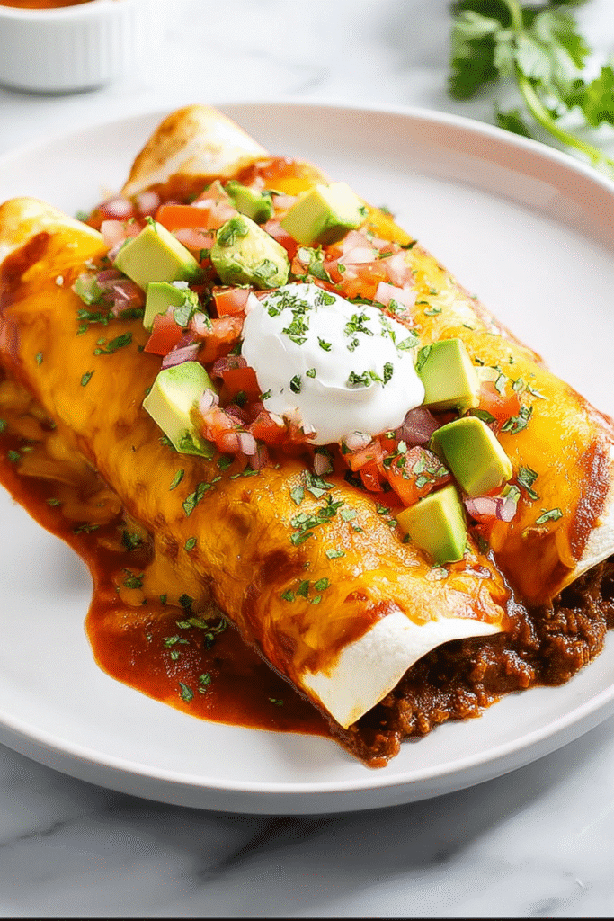 Plated beef enchiladas topped with cheese, enchilada sauce, avocado, pico de gallo, and sour cream.