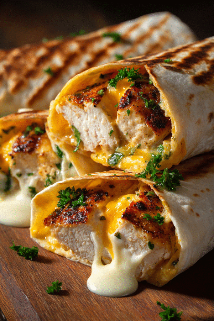 Cheesy garlic chicken wraps with creamy sauce and grilled tortillas