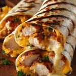 Cheesy garlic chicken wraps with creamy sauce and grilled tortillas