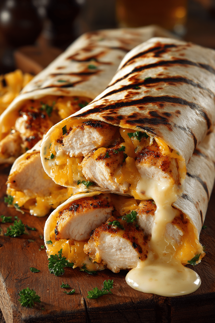 Cheesy garlic chicken wraps with creamy sauce and grilled tortillas