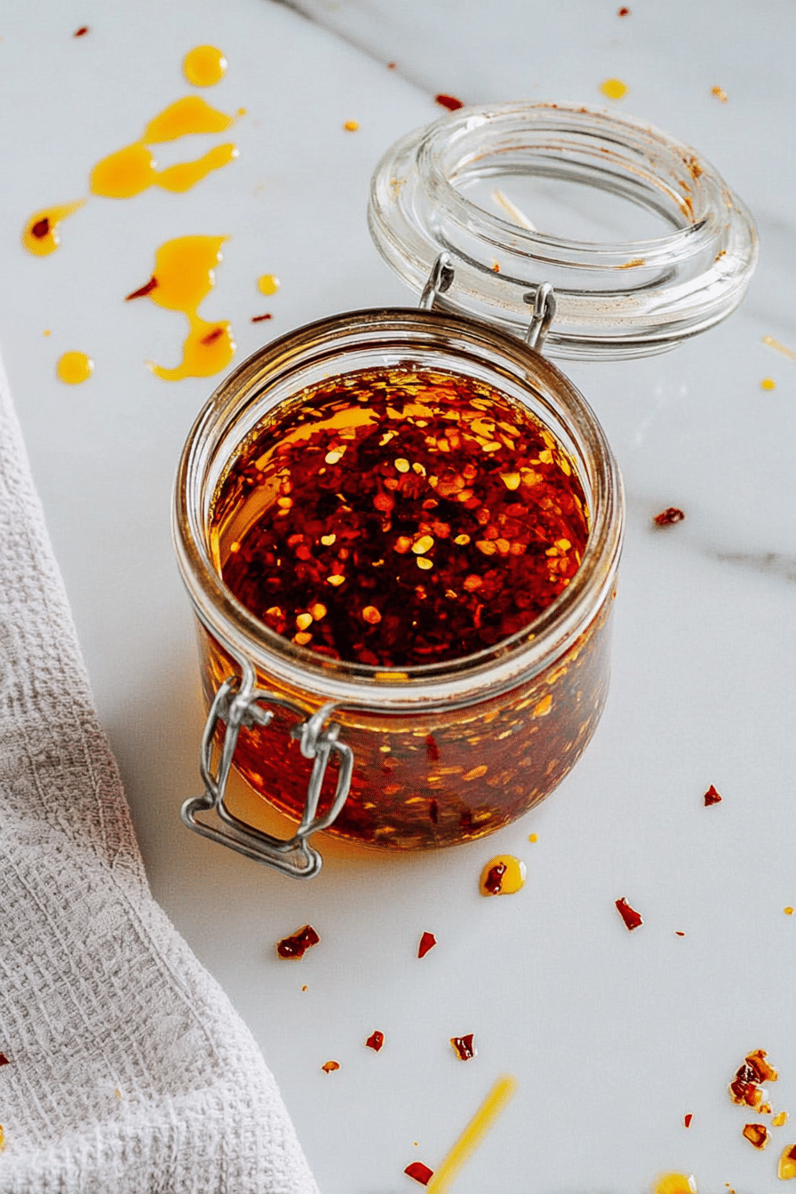 Glass jar of homemade chili oil with red pepper flakes on a white countertop.