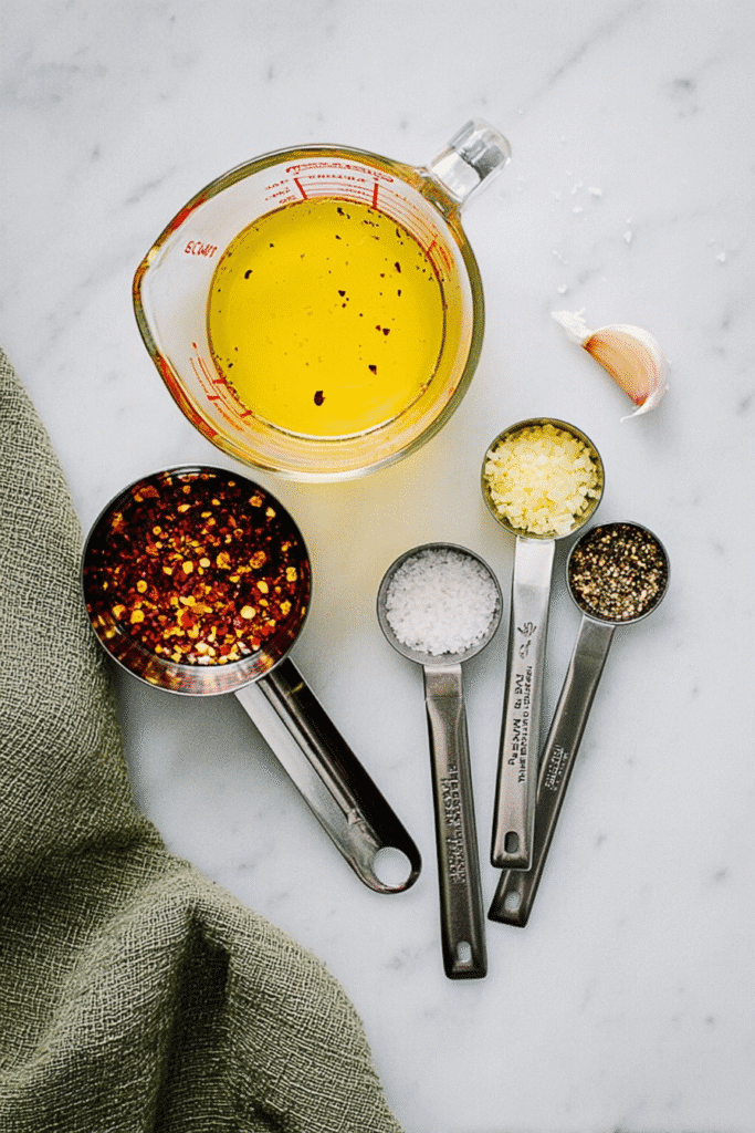 Flat lay of chili oil ingredients including oil, red pepper flakes, garlic, pepper, and salt.