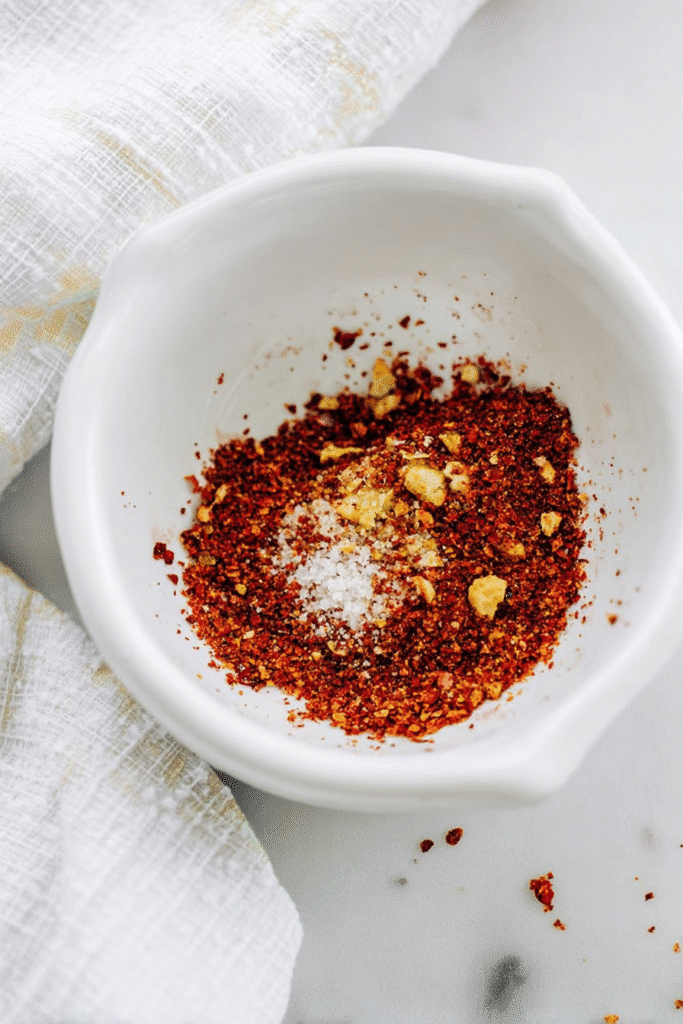 Bowl of red pepper flakes, garlic, salt, and spices for making chili oil.