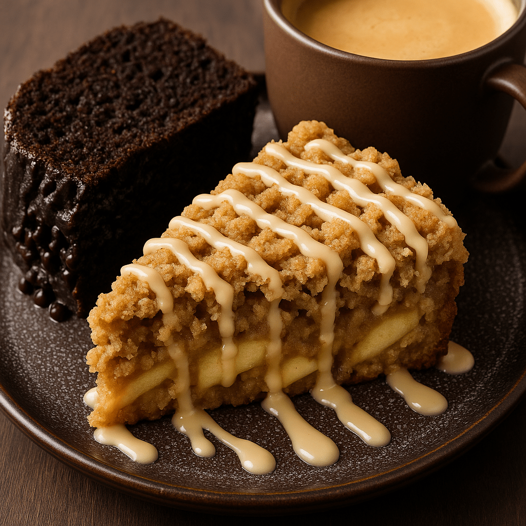Chocolate pumpkin bread with apple crumb cake and coffee on a cozy plate