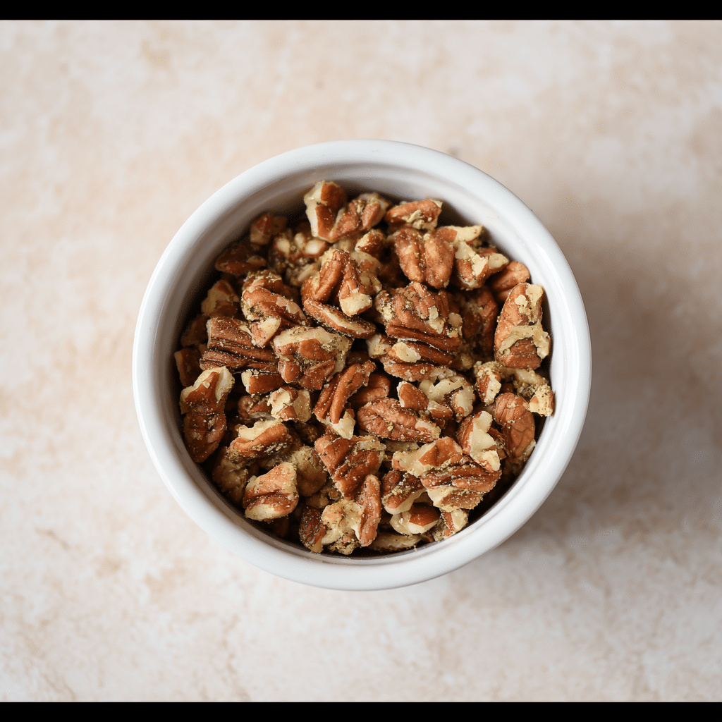 Chopped pecans in a white bowl for apple brownies