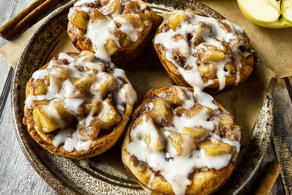 Plate of Cinnamon Roll Apple Pies topped with white glaze