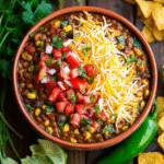 Bowl of slow cooker lentil taco chili with cheese, pico de gallo, and tortilla chips, styled with fresh limes and herbs.