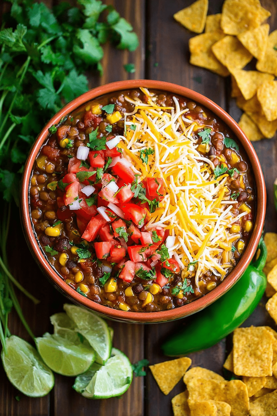 Bowl of slow cooker lentil taco chili with cheese, pico de gallo, and tortilla chips, styled with fresh limes and herbs.