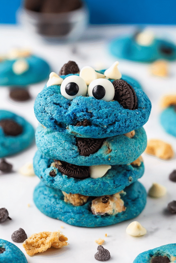 Stack of bright blue Cookie Monster cookies with candy eyes, chocolate chips, and Oreo pieces.