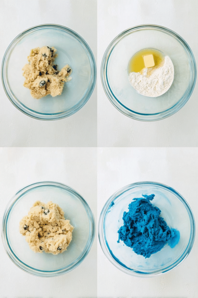 Step-by-step process of making Cookie Monster Cookies, from ingredients to bright blue cookie dough in glass bowls.