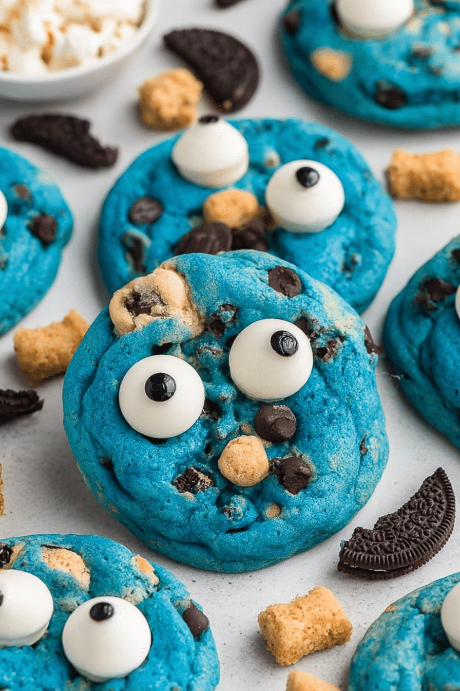 Bright blue Cookie Monster cookies topped with candy eyes, chocolate chips, and Oreo pieces on a white background.