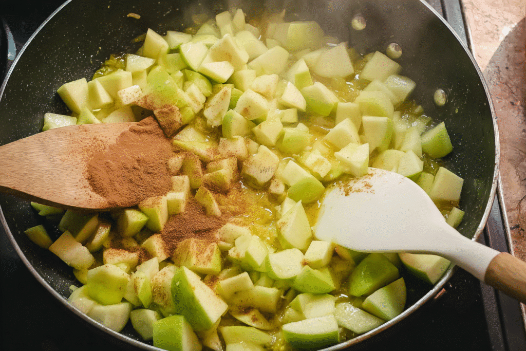 Apples cooking with butter and cinnamon for Cinnamon Roll Apple Pie