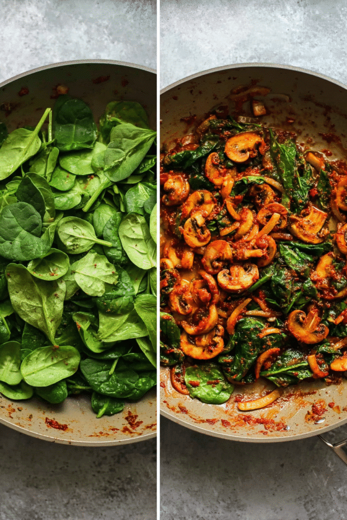 tep-by-step of fresh spinach wilting into mushroom tomato sauce for pumpkin pasta bake.
