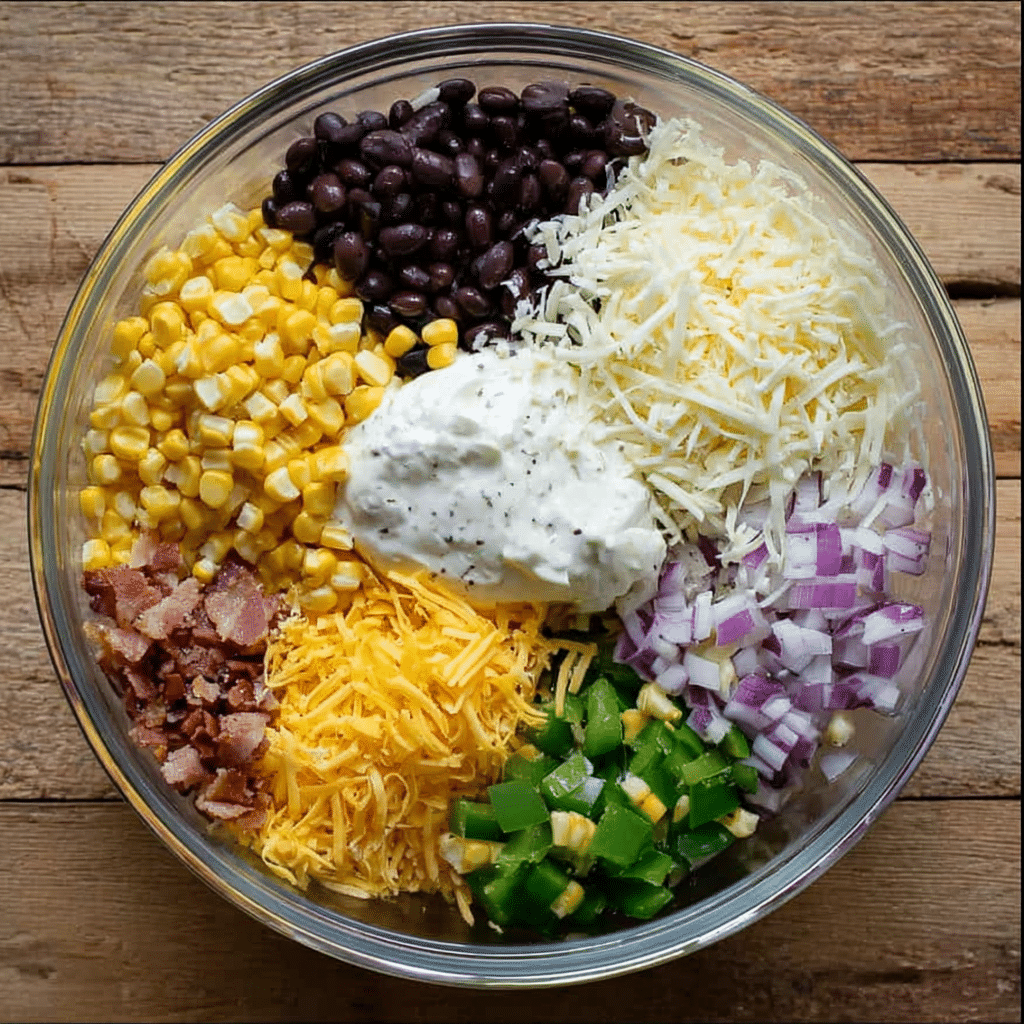 Cowboy corn dip ingredients in a bowl including corn, beans, bacon, and cheese