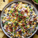 Cowboy corn dip with bacon, black beans, and green onions in a white bowl