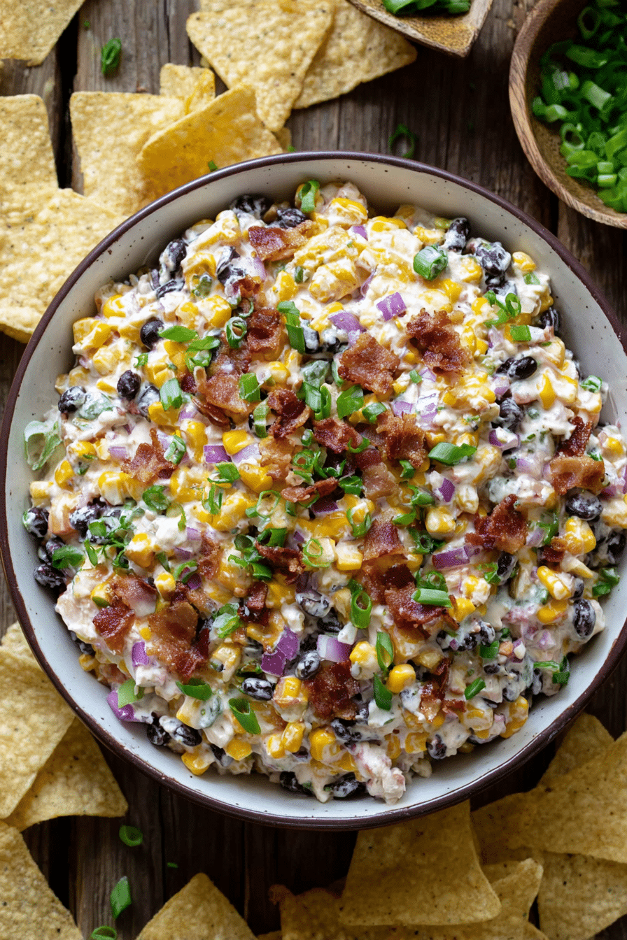 Cowboy corn dip with bacon, black beans, and green onions in a white bowl