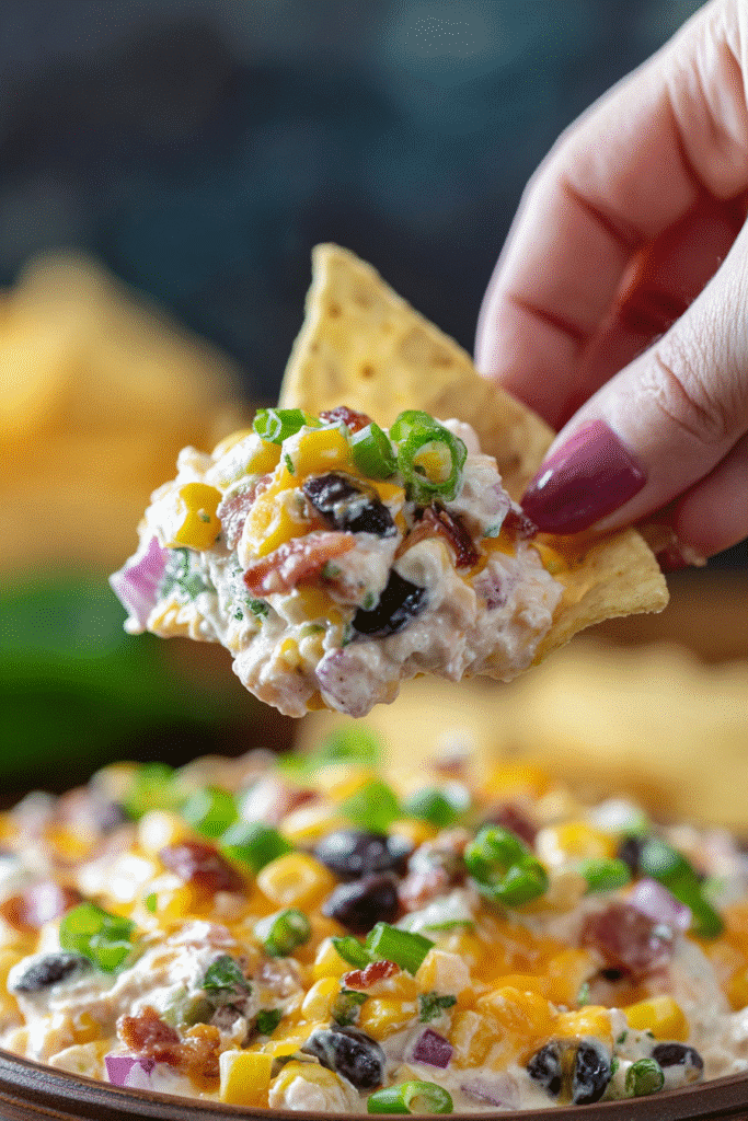 Cowboy corn dip on a tortilla chip with bacon, corn, and beans