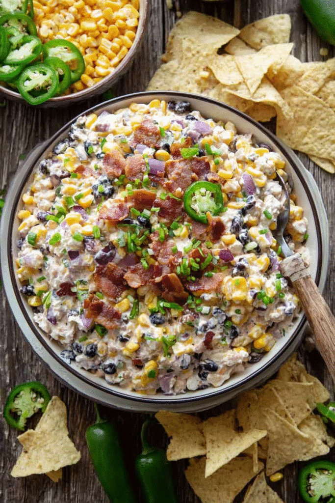 Cowboy corn dip with bacon and beans served with chips and jalapeños