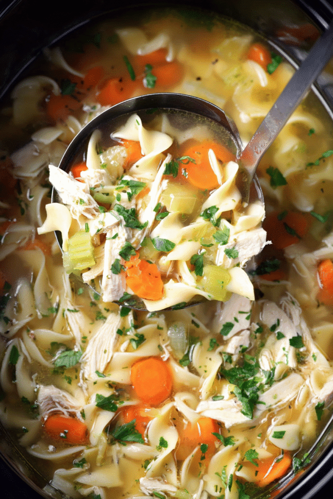 ladle scooping homemade chicken noodle soup with carrots and noodles for halloween party