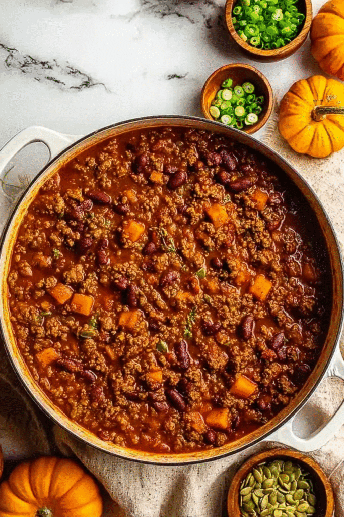 Top-down view of a large pot of hearty pumpkin chili with ground beef and beans, surrounded by fall-themed garnishes — perfect for a pumpkin chili recipe blog.