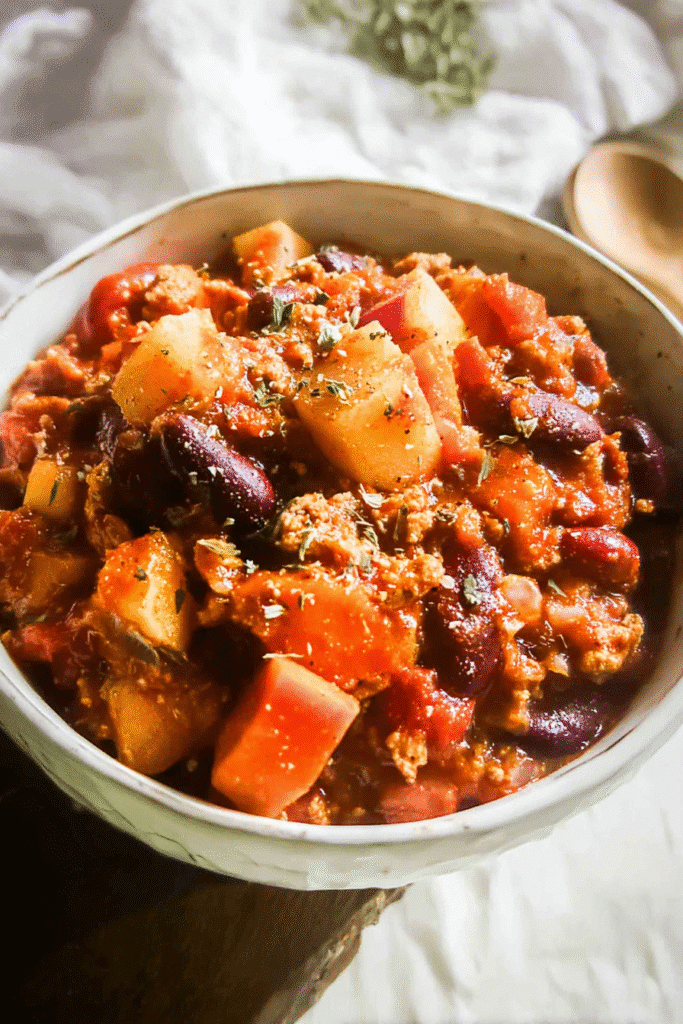 Hearty bowl of turkey apple chili with beans, carrots, and apples in a rich tomato sauce.