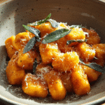 Rustic bowl of pumpkin gnocchi topped with crispy sage and Parmesan cheese, glowing in warm natural light.