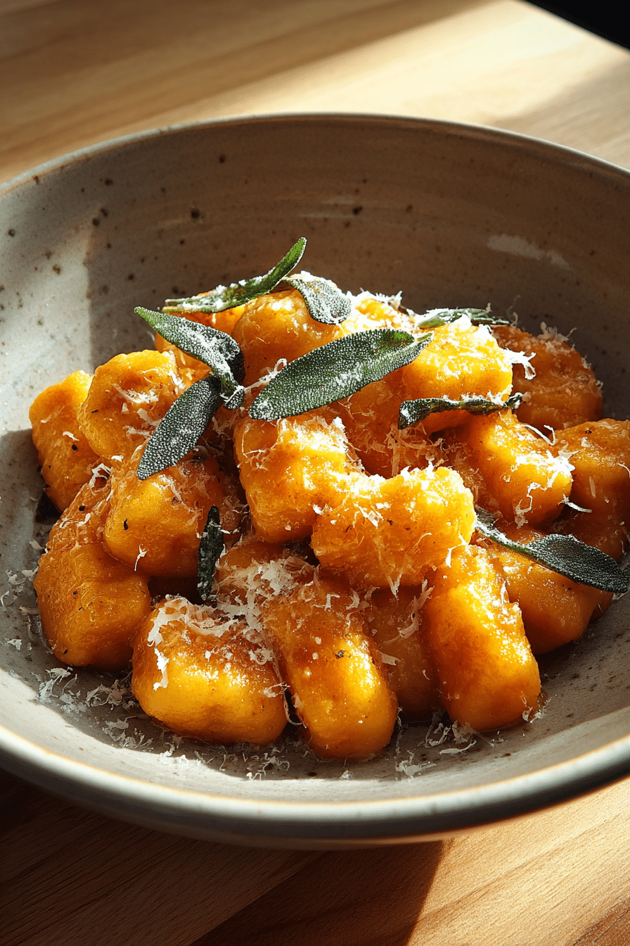 Rustic bowl of pumpkin gnocchi topped with crispy sage and Parmesan cheese, glowing in warm natural light.
