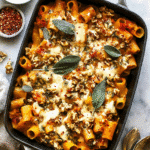 Delicious pumpkin pasta bake with rigatoni, melted cheese, walnuts, and sage in a rustic Staub pan.