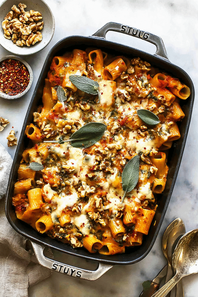 Delicious pumpkin pasta bake with rigatoni, melted cheese, walnuts, and sage in a rustic Staub pan.