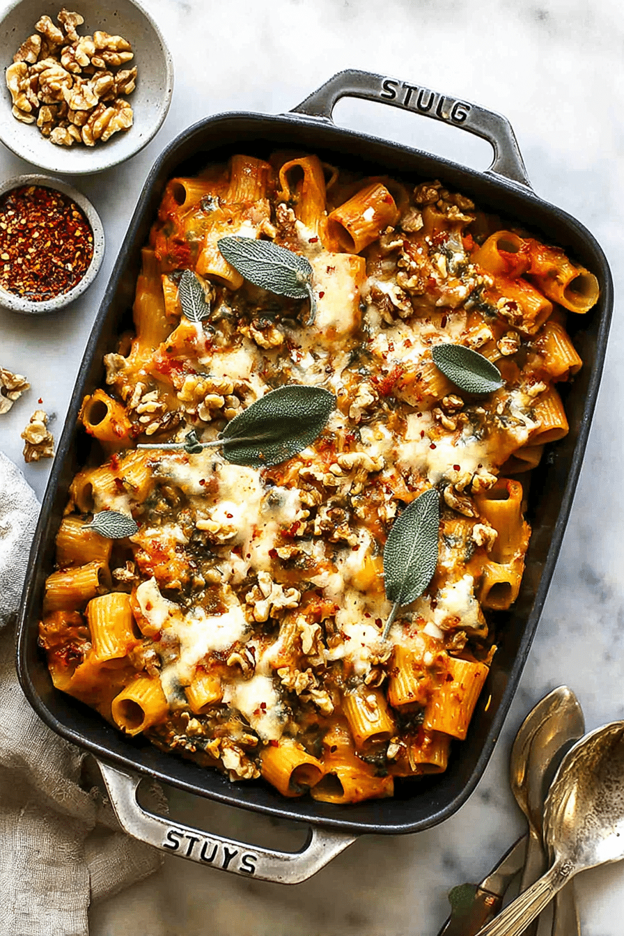 Delicious pumpkin pasta bake with rigatoni, melted cheese, walnuts, and sage in a rustic Staub pan.