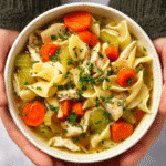 Bowl of slow cooker chicken noodle soup with noodles, chicken, carrots, and celery