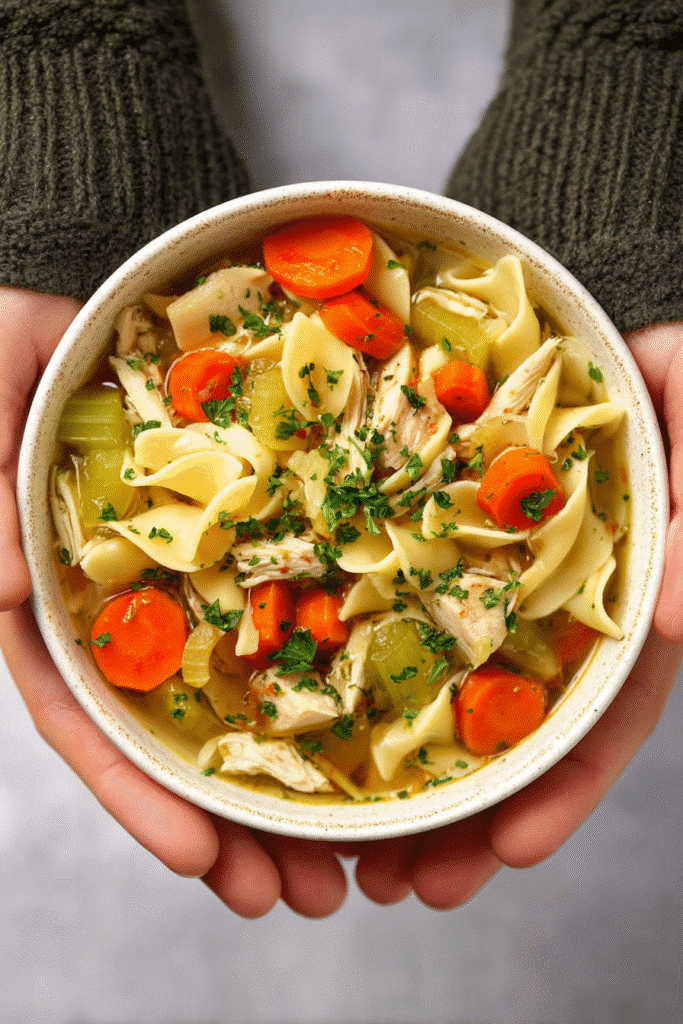 Bowl of slow cooker chicken noodle soup with noodles, chicken, carrots, and celery