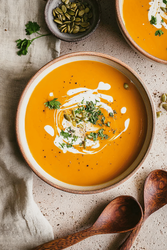 Creamy roasted pumpkin soup topped with parsley, cream swirls, and pumpkin seeds in a rustic bowl on a stone background.