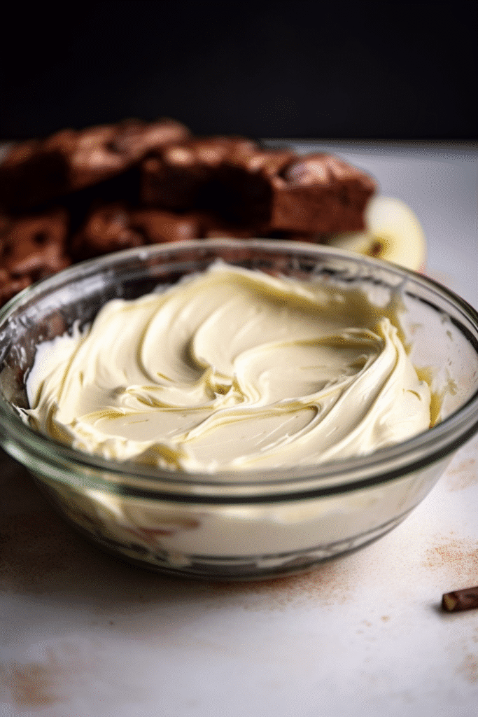 Smooth cream cheese base for caramel apple dip in a glass mixing bowl