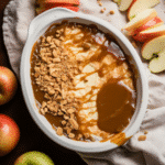 Cream cheese caramel apple dip topped with toffee bits served with fresh apple slices