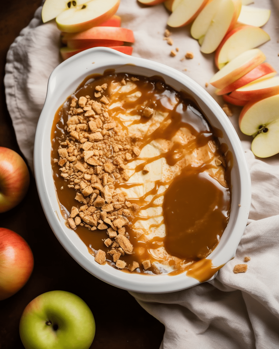 Cream cheese caramel apple dip topped with toffee bits served with fresh apple slices