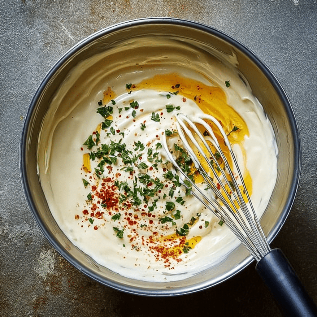 Creamy dip base with herbs and spices in a mixing bowl for corn dip
