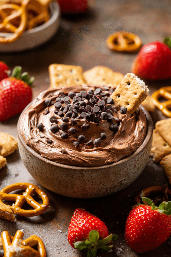 Brownie batter dip in rustic bowl with chocolate chips and dippers