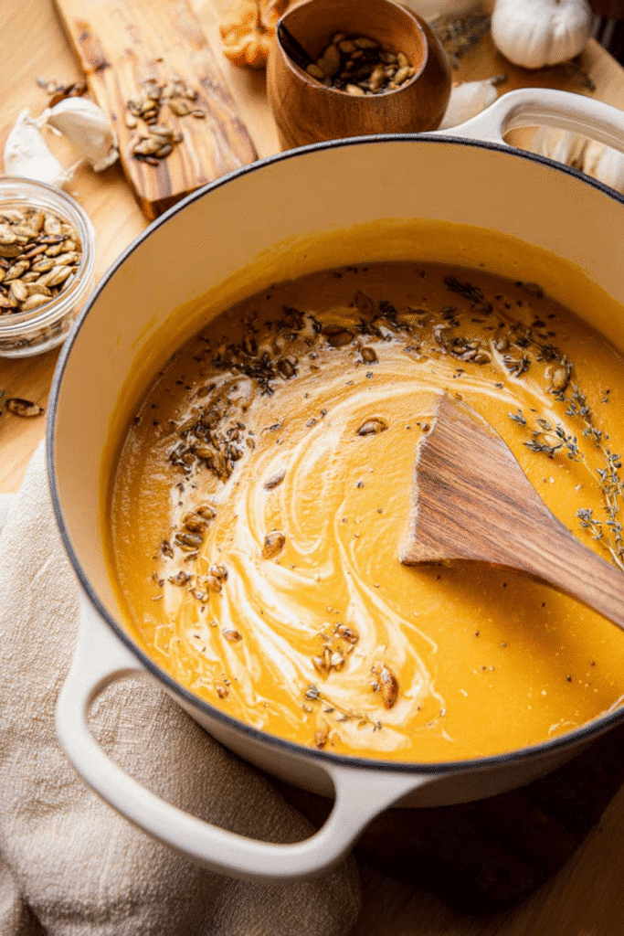 creamy butternut squash soup with seeds and herbs in pot for halloween recipe