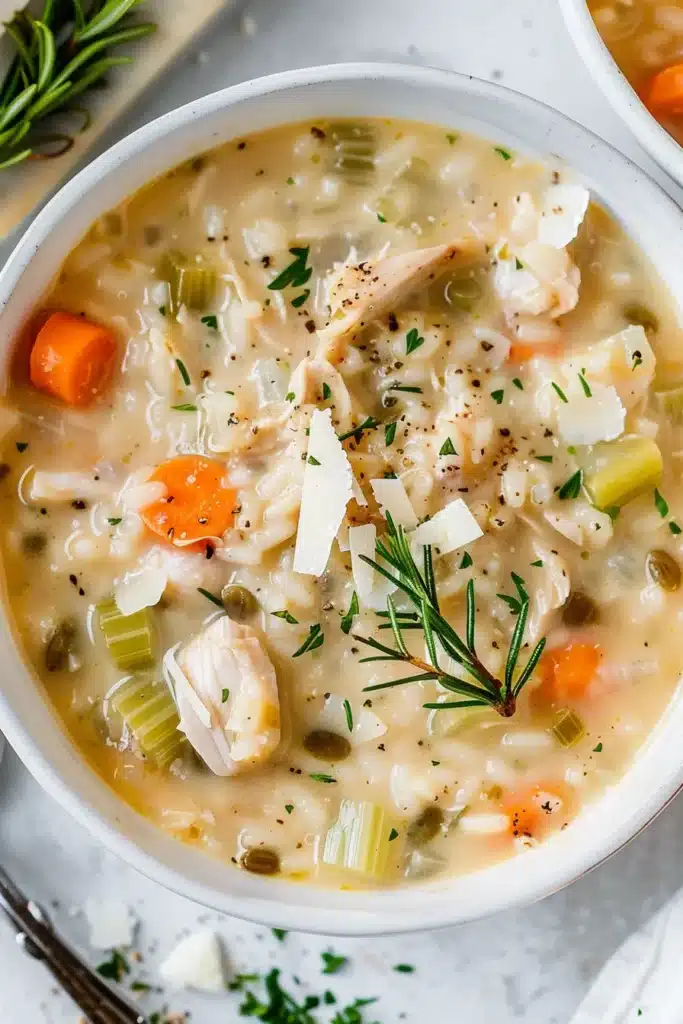 creamy chicken and rice soup with vegetables and herbs in a white bowl