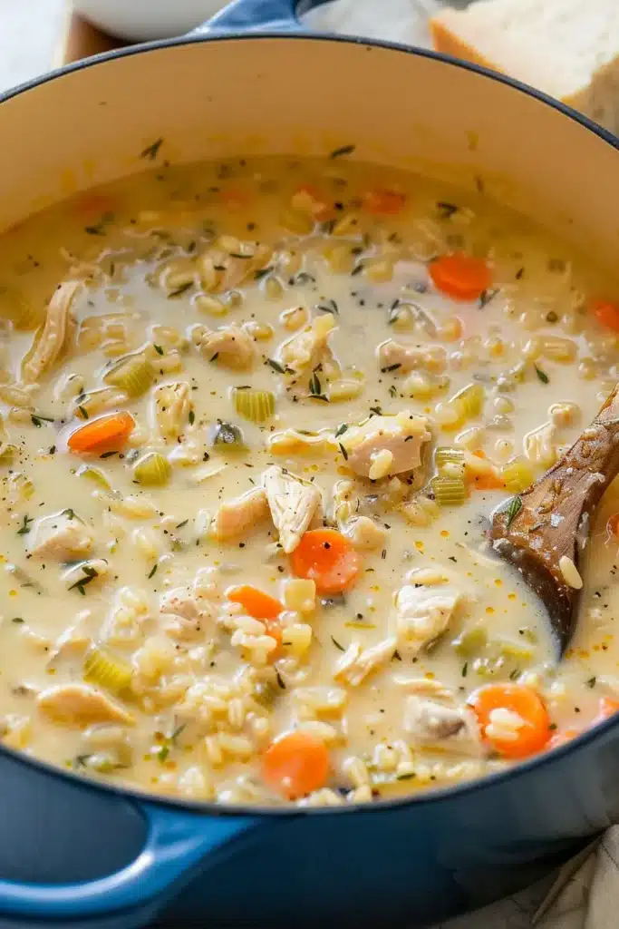 creamy chicken and rice soup in a blue pot with herbs and vegetables