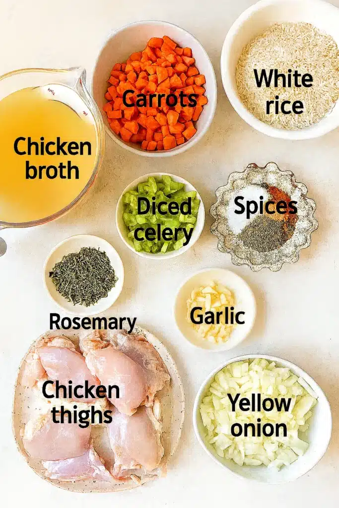 creamy chicken and rice soup ingredients flat lay with labels