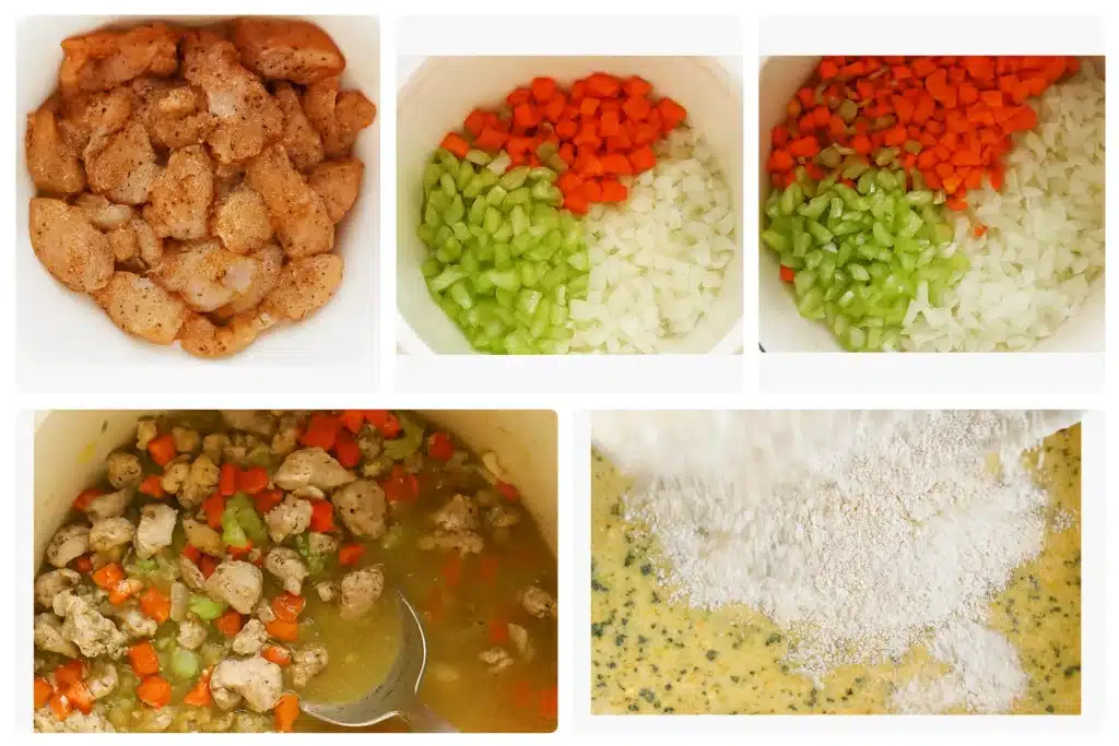 creamy chicken and rice soup cooking steps with veggies and roux