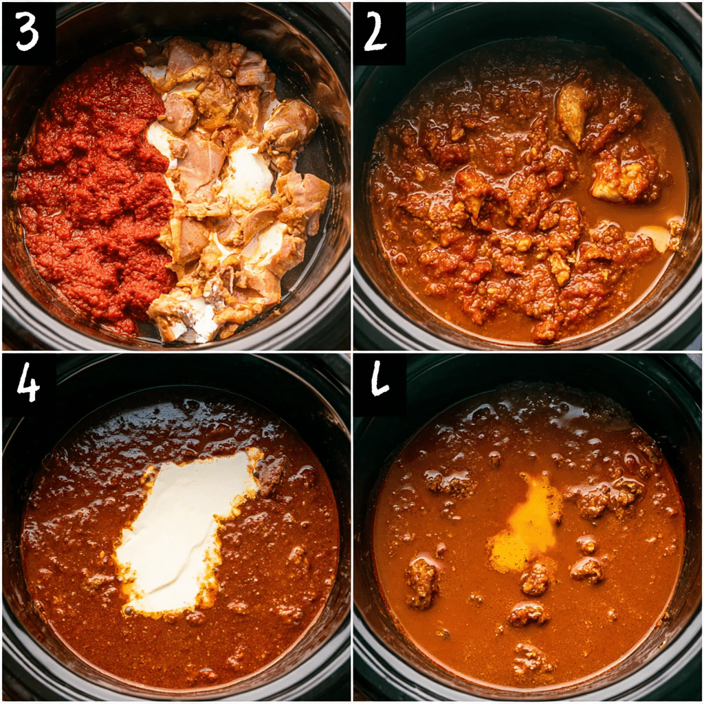 Step-by-step collage of Crockpot Butter Chicken cooking in a slow cooker with chicken, tomatoes, spices, butter, and cream.