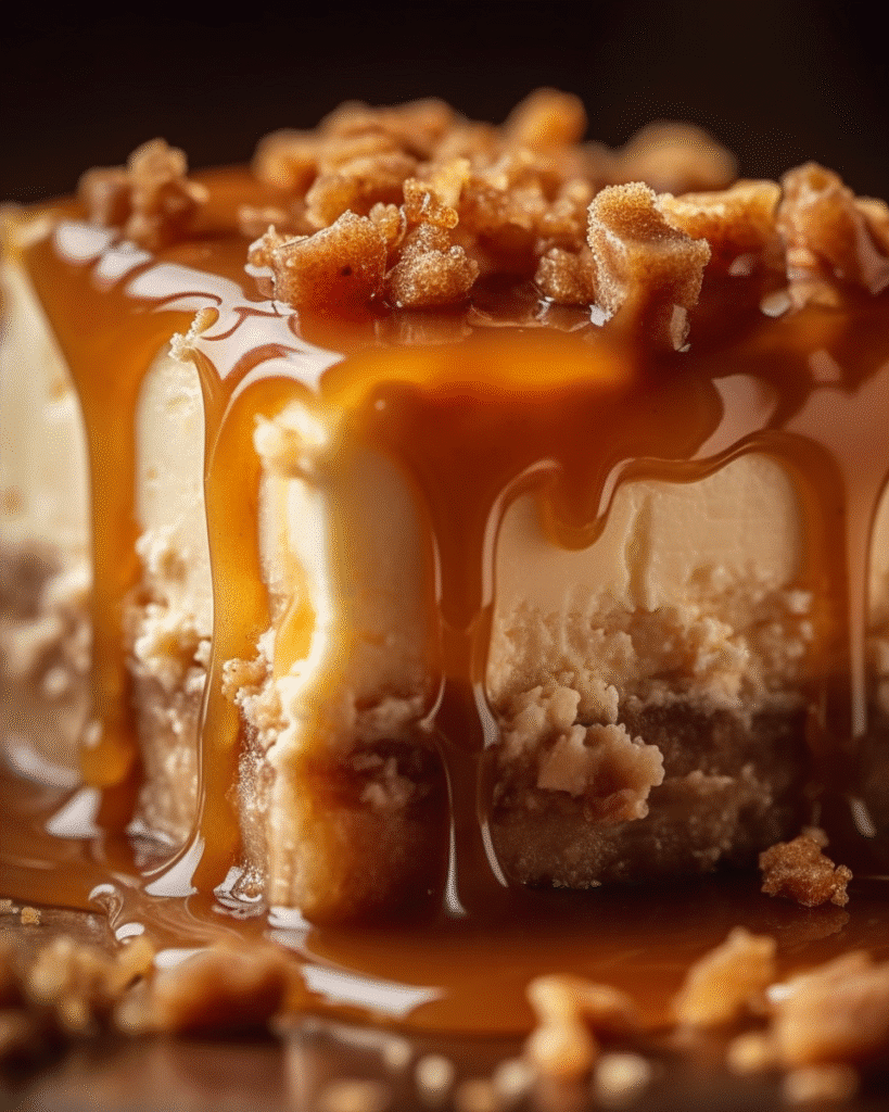 "Close-up of a caramel apple cheesecake bar with graham cracker crust, creamy cheesecake layers, chopped apples, cinnamon crumble, and rich caramel sauce."