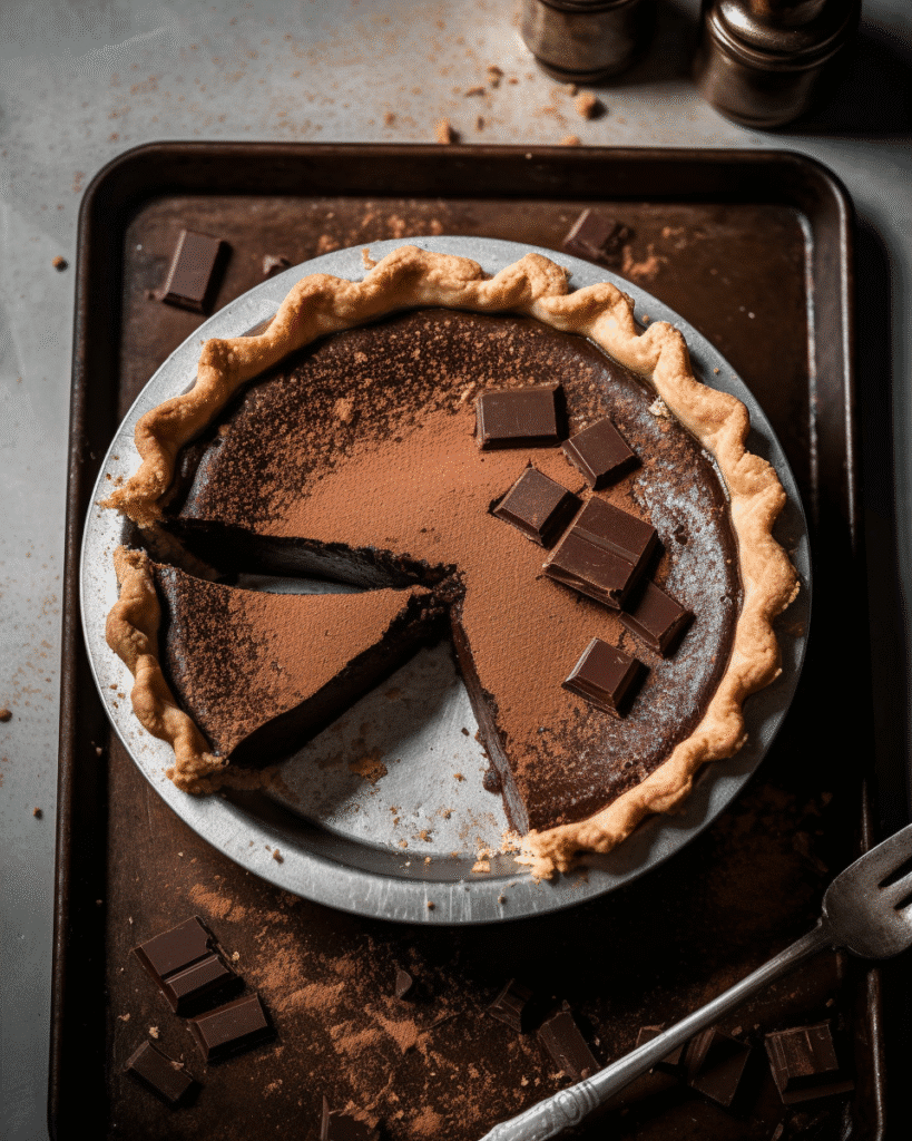 Close-up of a rich and fudgy dark chocolate chess pie with a golden flaky crust, topped with chocolate curls and sliced into perfect portions.